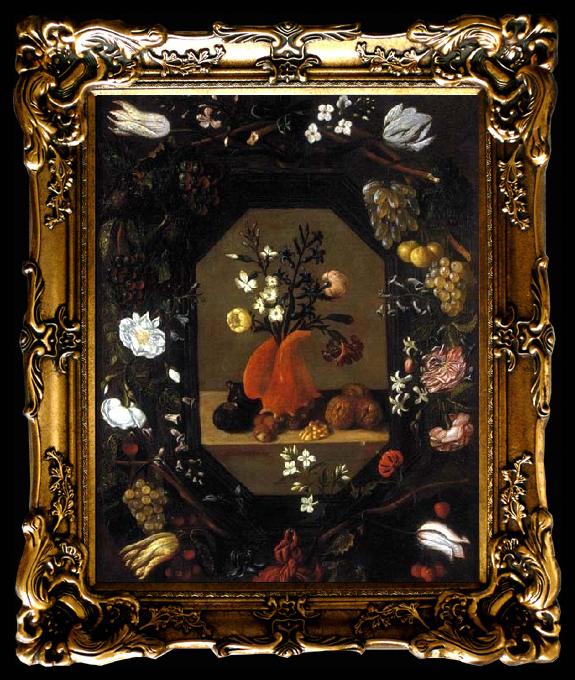 framed  Juan de  Espinosa Still-Life with Flowers with a Garland of Fruit, Ta017